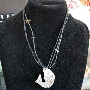 Abalone Shell Fish Pendant Necklace with Multicolor Beads